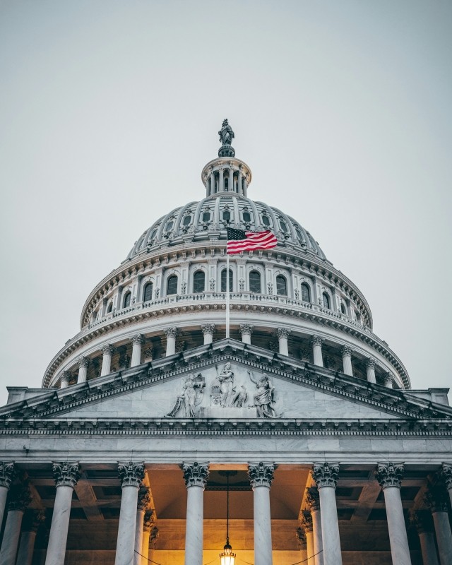 Image of US Capitol building with American flag waving in center